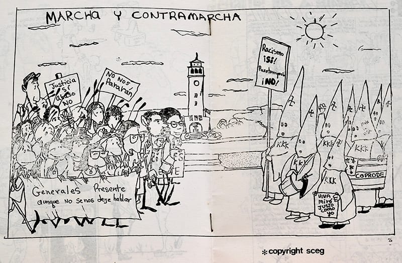 Political cartoon showing protesters against counterprotesters dressed in KKK garb